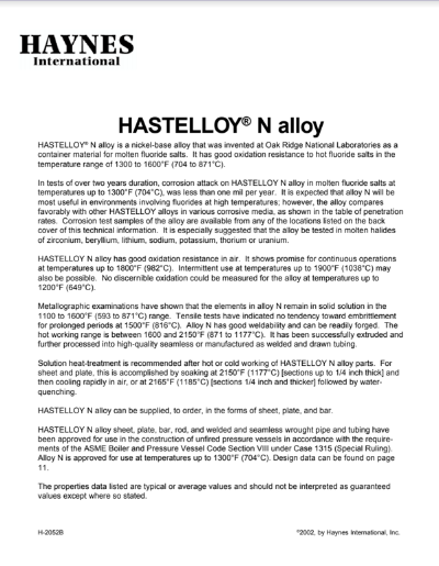 HASTELLOY N Alloy H2052